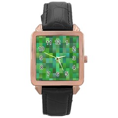 Green Blocks Pattern Backdrop Rose Gold Leather Watch 