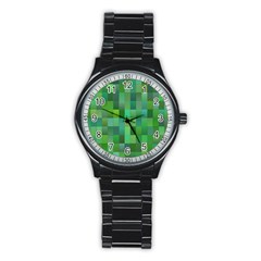 Green Blocks Pattern Backdrop Stainless Steel Round Watch by Nexatart