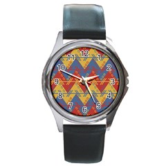 Aztec Traditional Ethnic Pattern Round Metal Watch by Nexatart