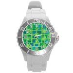 Green Abstract Geometric Round Plastic Sport Watch (L) Front