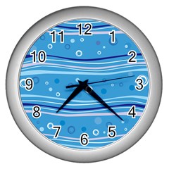 Blue Circle Line Waves Wall Clocks (silver)  by Mariart