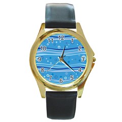 Blue Circle Line Waves Round Gold Metal Watch by Mariart