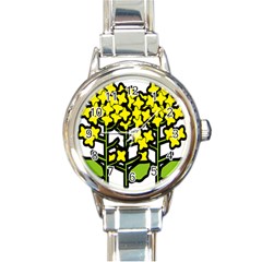 Flower Floral Sakura Yellow Green Leaf Round Italian Charm Watch by Mariart