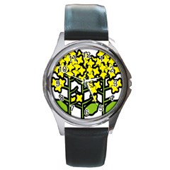 Flower Floral Sakura Yellow Green Leaf Round Metal Watch by Mariart