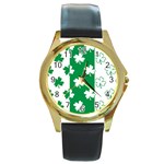 Flower Green Shamrock White Round Gold Metal Watch Front