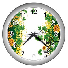 Flower Shamrock Green Gold Wall Clocks (silver)  by Mariart