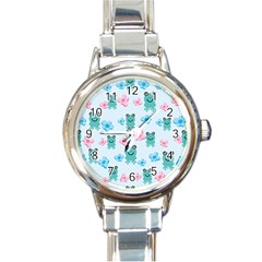 Frog Green Pink Flower Round Italian Charm Watch by Mariart