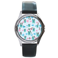 Frog Green Pink Flower Round Metal Watch by Mariart