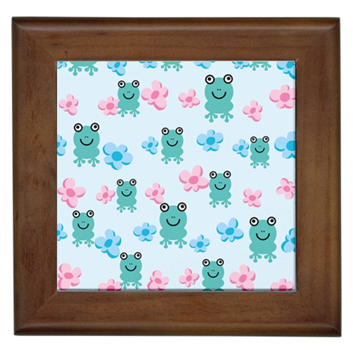 Frog Green Pink Flower Framed Tiles