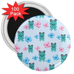 Frog Green Pink Flower 3  Magnets (100 Pack)