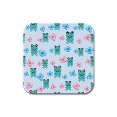 Frog Green Pink Flower Rubber Square Coaster (4 Pack)  by Mariart