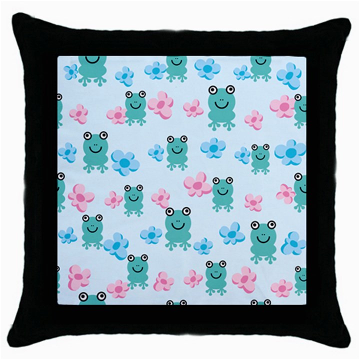 Frog Green Pink Flower Throw Pillow Case (Black)