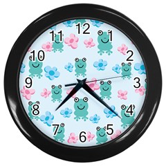 Frog Green Pink Flower Wall Clocks (black) by Mariart