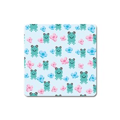 Frog Green Pink Flower Square Magnet