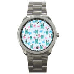 Frog Green Pink Flower Sport Metal Watch by Mariart