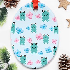 Frog Green Pink Flower Oval Ornament (two Sides) by Mariart