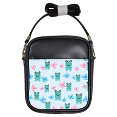 Frog Green Pink Flower Girls Sling Bags by Mariart