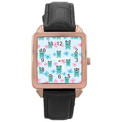 Frog Green Pink Flower Rose Gold Leather Watch  by Mariart