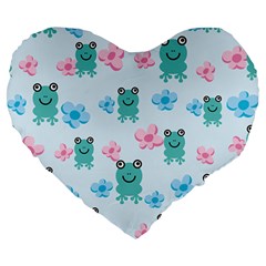 Frog Green Pink Flower Large 19  Premium Flano Heart Shape Cushions by Mariart