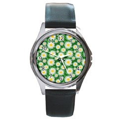 Flower Sunflower Yellow Green Leaf White Round Metal Watch by Mariart