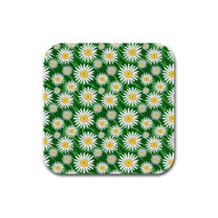 Flower Sunflower Yellow Green Leaf White Rubber Square Coaster (4 Pack) 