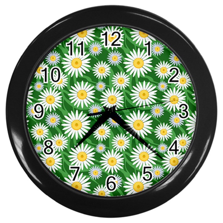 Flower Sunflower Yellow Green Leaf White Wall Clocks (Black)