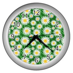 Flower Sunflower Yellow Green Leaf White Wall Clocks (silver)  by Mariart