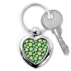 Flower Sunflower Yellow Green Leaf White Key Chains (heart)  by Mariart