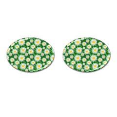 Flower Sunflower Yellow Green Leaf White Cufflinks (oval) by Mariart