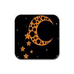 Moon Star Space Orange Black Light Night Circle Polka Rubber Square Coaster (4 Pack)  by Mariart