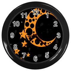 Moon Star Space Orange Black Light Night Circle Polka Wall Clocks (black)