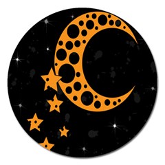 Moon Star Space Orange Black Light Night Circle Polka Magnet 5  (round) by Mariart