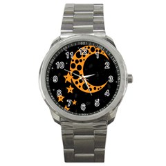 Moon Star Space Orange Black Light Night Circle Polka Sport Metal Watch by Mariart