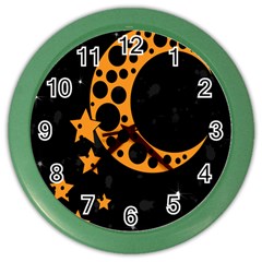 Moon Star Space Orange Black Light Night Circle Polka Color Wall Clocks by Mariart