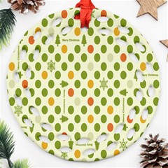 Merry Christmas Polka Dot Circle Snow Tree Green Orange Red Gray Ornament (round Filigree) by Mariart