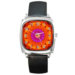 Mandala Orange Pink Bright Square Metal Watch by Nexatart