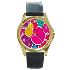 Paint Circle Red Pink Yellow Blue Green Polka Round Gold Metal Watch by Mariart