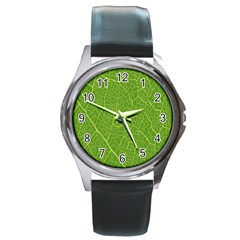 Green Leaf Line Round Metal Watch by Mariart