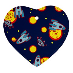 Rocket Ufo Moon Star Space Planet Blue Circle Ornament (heart) by Mariart