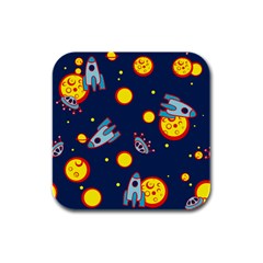 Rocket Ufo Moon Star Space Planet Blue Circle Rubber Square Coaster (4 Pack)  by Mariart