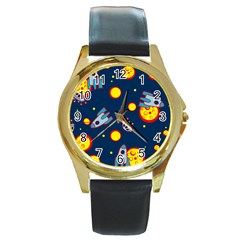 Rocket Ufo Moon Star Space Planet Blue Circle Round Gold Metal Watch by Mariart