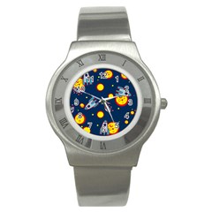 Rocket Ufo Moon Star Space Planet Blue Circle Stainless Steel Watch by Mariart