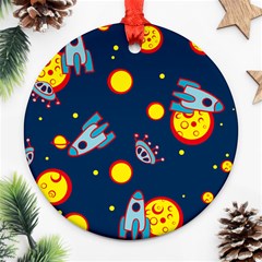 Rocket Ufo Moon Star Space Planet Blue Circle Round Ornament (two Sides) by Mariart