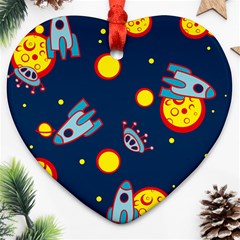 Rocket Ufo Moon Star Space Planet Blue Circle Heart Ornament (two Sides) by Mariart