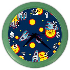 Rocket Ufo Moon Star Space Planet Blue Circle Color Wall Clocks by Mariart