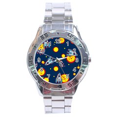 Rocket Ufo Moon Star Space Planet Blue Circle Stainless Steel Analogue Watch by Mariart