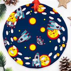 Rocket Ufo Moon Star Space Planet Blue Circle Ornament (round Filigree) by Mariart