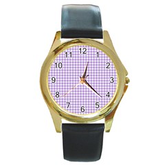 Plaid Purple White Line Round Gold Metal Watch by Mariart