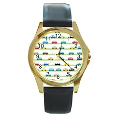 Small Car Red Yellow Blue Orange Black Kids Round Gold Metal Watch by Mariart