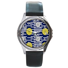 Sunflower Line Blue Yellpw Round Metal Watch by Mariart